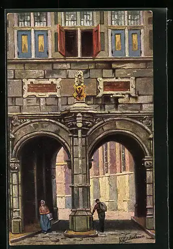 Künstler-AK Johan Georg Gerstenhauer: Anwohner passieren einen Torbogen