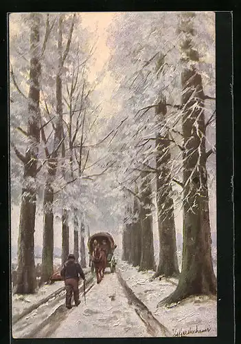 Künstler-AK Johan Georg Gerstenhauer: Kutschpartie durch die schneebedeckte Alleestrasse