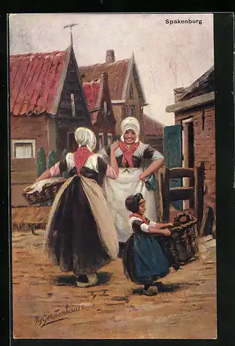 Künstler-AK Johan Georg Gerstenhauer: zwei holländische Waschfrauen im Gespräch, Mädchen schleppt einen Wäschekorb