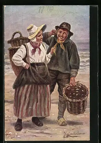 Künstler-AK Johan Georg Gerstenhauer: Bauernpaar in niederländischer Tracht mit Körben am Strand