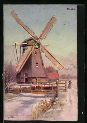 Künstler-AK Johan Georg Gerstenhauer: niederländische Windmühle im Januar