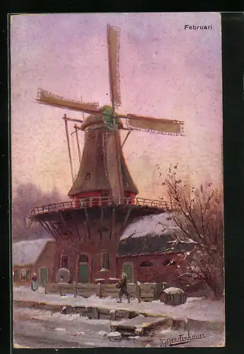Künstler-AK Johan Georg Gerstenhauer: niederländische Windmühle im Februar