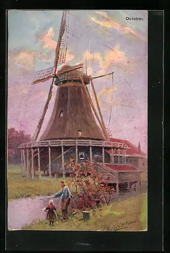 Künstler-AK Johan Georg Gerstenhauer: niederländische Windmühle im Oktober