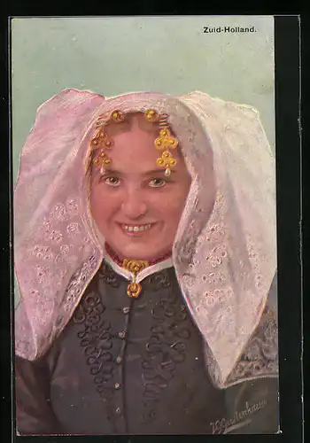 Künstler-AK Johan Georg Gerstenhauer: Frau aus Zuid-Holland im Trachtenkleid