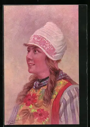 Künstler-AK Johan Georg Gerstenhauer: schönes Fräulein im niederländischen Trachtenkleid