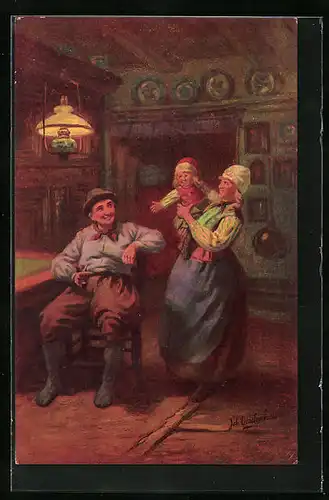 Künstler-AK Johan Georg Gerstenhauer: Familie in niederländischer Tracht in der Stube