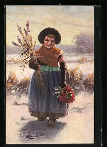 Künstler-AK Johan Georg Gerstenhauer: Mädchen in niederländischer Tracht nach dem Blumenpflücken