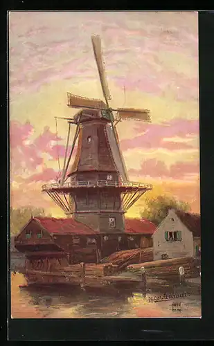 Künstler-AK Johan Georg Gerstenhauer: Uferpartie mit Windmühle