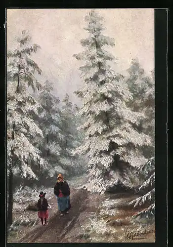 Künstler-AK Johan Georg Gerstenhauer: idyllischer Waldspaziergang im Winter