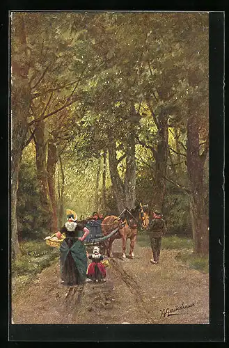 Künstler-AK Johan Georg Gerstenhauer: Bauernfamilie in niederländsicher Tracht mit Pferdewagen auf einem Waldweg