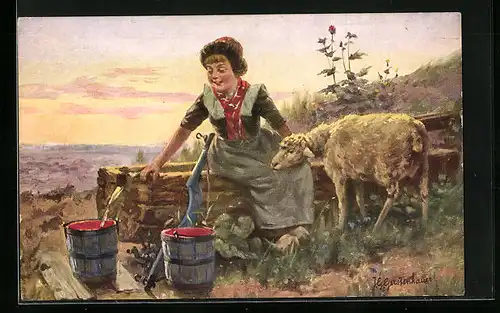 Künstler-AK Johan Georg Gerstenhauer: Mädchen mit Schaf auf dem Brunnenrand sitzend