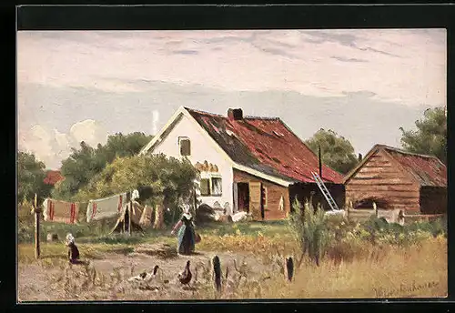 Künstler-AK Johan Georg Gerstenhauer: belgisches Bauernhofidyll mit Mutter und Kind