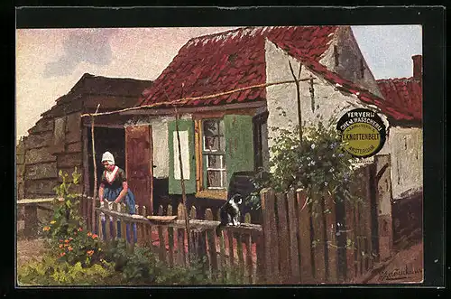 Künstler-AK Johan Georg Gerstenhauer: Bäuerin und Katze vor dem Haus