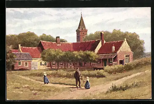 Künstler-AK Johan Georg Gerstenhauer: Vater mit Kindern auf einer Feldwiese