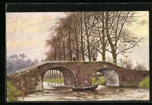 Künstler-AK Johan Georg Gerstenhauer: Ruderboot passiert eine Flussbrücke