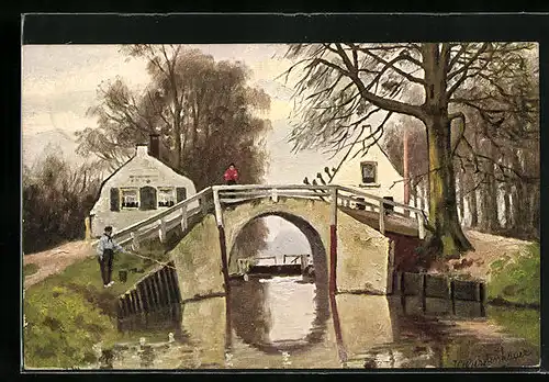 Künstler-AK Johan Georg Gerstenhauer: Ortspartie mit Angler am Flussufer, Passant auf der Brücke