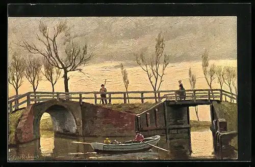 Künstler-AK Johan Georg Gerstenhauer: Passanten auf einer Flussbrücke, Ruderboot
