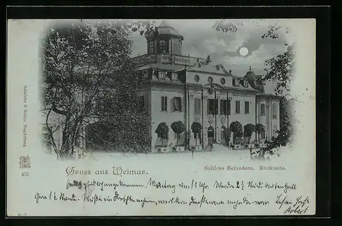 Mondschein-AK Weimar, Rückansicht des Schlosses Belvedere