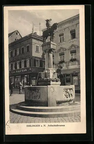 AK Esslingen a. N., Postmichelbrunnen und Geschäft von Carl Herm. Haug