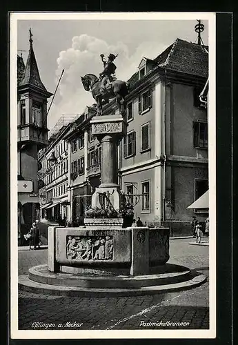 AK Esslingen am Neckar, Strassenpartie mit Geschäften und Postmichelbrunnen