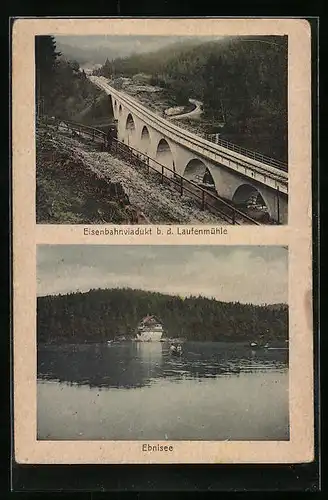 AK Kaisersbach, Eisenbahnviadukt b. d. Laufenmühle, Ebnisee mit Booten