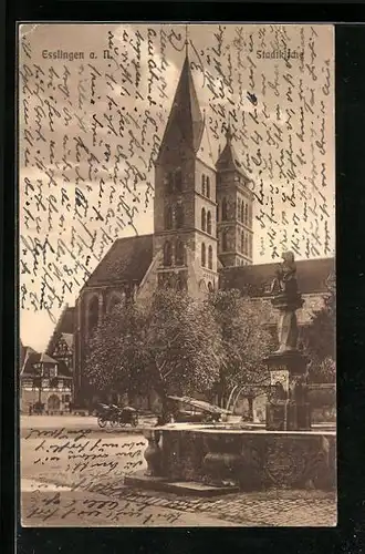AK Esslingen a. N., Stadtkirche mit Brunnen