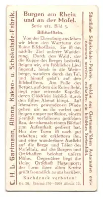 Sammelbild Hamburg-Altona, Kakao- u. Schokolade-Fabrik C. H. L. Gartmann, Burgen am Rhein und an der Mosel, Bischofstein