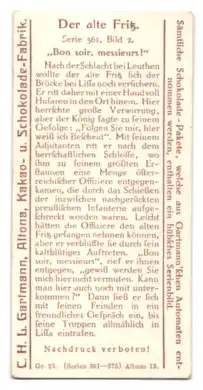 Sammelbild Hamburg-Altona, Kakao- u. Schokolade-Fabrik C. H. L. Gartmann, Der alte Fritz, Bon soir, messieurs!