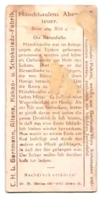 Sammelbild Hamburg-Altona, Kakao- u. Schokolade-Fabrik C. H. L. Gartmann, Münchhausens Abenteuer, Die Bärenfalle