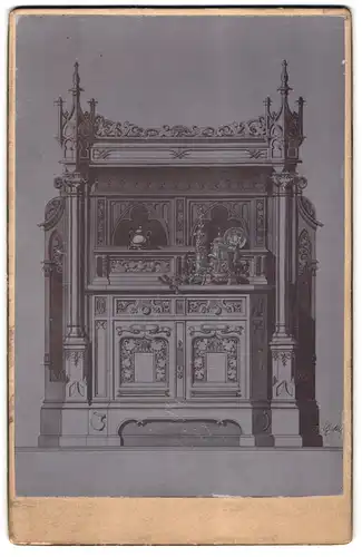 Fotografie unbekannter Fotograf und Ort, Blick auf einen Schrank mit Krügen