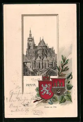 Präge-AK Prag / Praha, Veitsdom und Wappen
