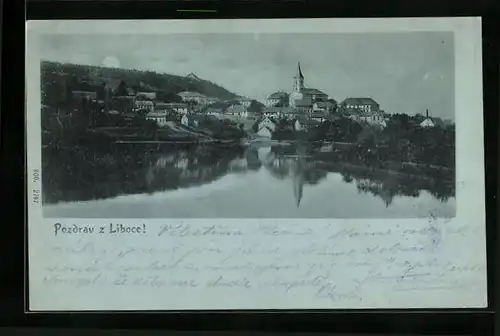 Mondschein-AK Prag / Praha-Liboc, Blick über Wasserpartie in den Vorort