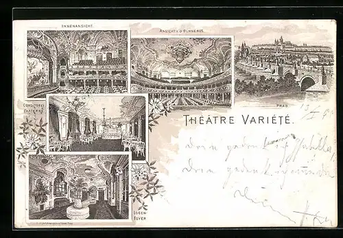 Lithographie Prag / Praha, Théatre Variété, Innenansicht, Logen und Foyer