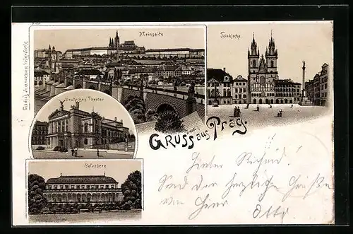 Lithographie Prag / Praha, Deutsches Theater, Teinkirche, Belvedere