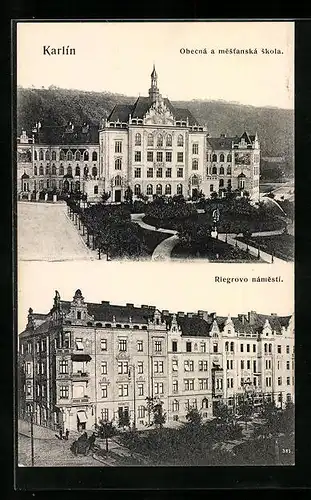 AK Prag / Praha-Karlin, Riegrovo námesti, Obecná a mestanská skola