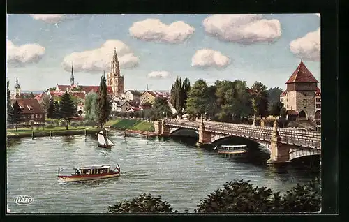 Künstler-AK Konstanz, Rheinbrücke mit Ausflugsbooten