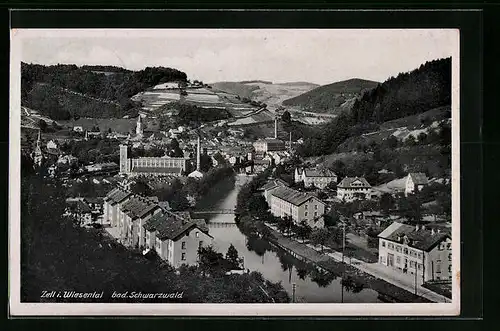 AK Zell i. Wiesental /Schwarzwald, Ortsansicht aus der Vogelschau mit Kirche und Fabriken
