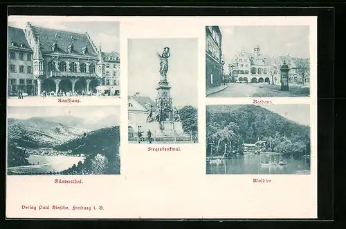 AK Freiburg i. B., Siegesdenkmal, Rathaus, Waldsee