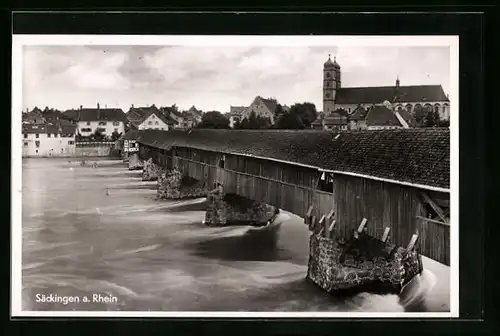 AK Säckingen am Rhein, Rheinbrücke mit Kirche