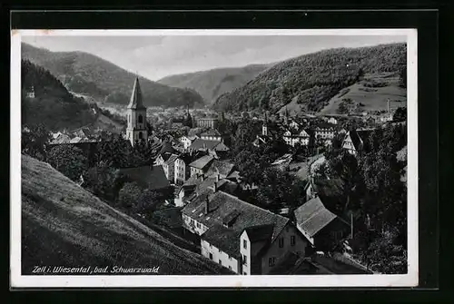 AK Zell i. Wiesental /Schwarzwald, Ortsansicht mit Kirche und Hügeln