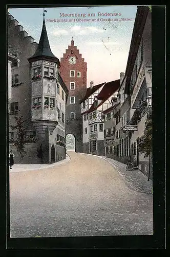 AK Meersburg am Bodensee, Marktplatz mit Obertor und Gasthaus Bären