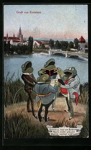 Künstler-AK Konstanz, Ortsansicht mit singenden Fröschen