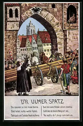 Künstler-AK Ulm, Der Ulmer Spatz, Torbogen und Blick aufs Münster