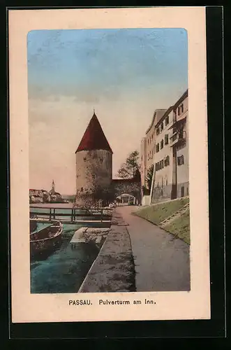 AK Passau, Pulverturm am Inn mit Steg und Ruderboot, Passepartout