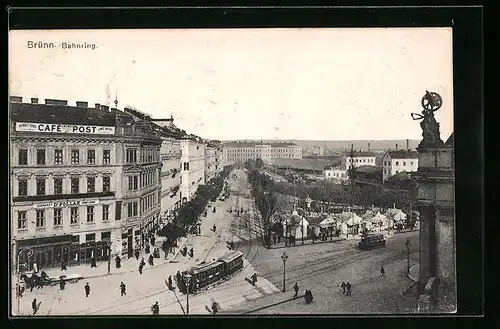 AK Brünn, Bahnring aus der Vogelschau, Strassenbahn