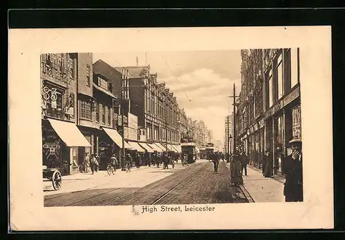 AK Leicester, High Street, Strassenbahn