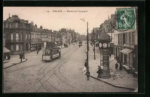 AK Calais, Boulevard Jacquard, Strassenbahn