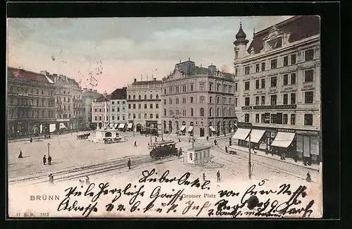 AK Brünn, Grosser Platz mit Strassenbahn