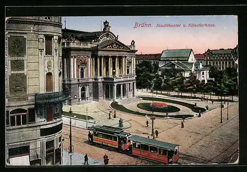 AK Brno / Brünn, Stadttheater und Künstlerhaus mit Strassenbahn