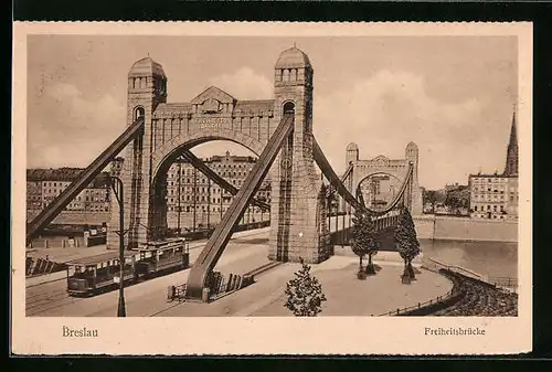 AK Breslau, Freiheitsbrücke, Strassenbahn